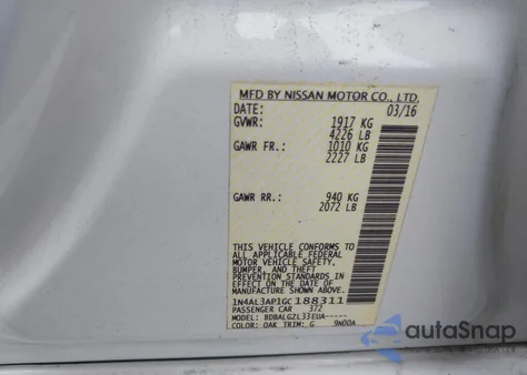 2016 Nissan Altima 2.5/2.5 S/2.5 Sl/2.5 Sr/2.5 Sv z USA, uszkodzony, nr VIN 1N4AL3AP1GC188311